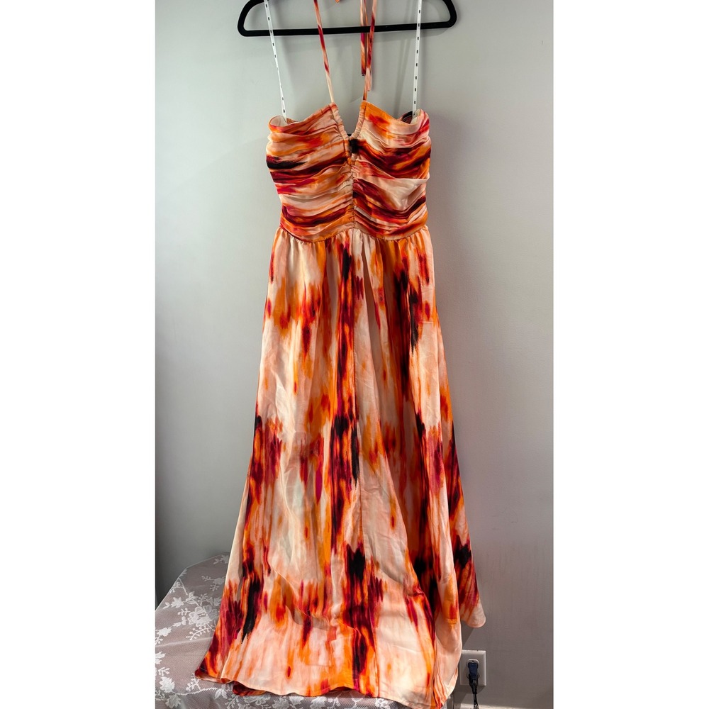 DKNY Halter Maxi Dress Womens Medium Orange Abstract Watercolor Ruched Excellent